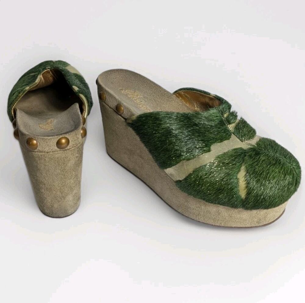Bridget Clog Mules Platform Shoes Size 5.5 Women's Green Suede Fur Grass Funky